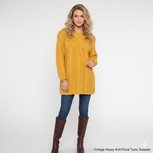 Eminent Sweater Womens M Mustard Yellow 3D Cable Knit Floral Heavyweight Vintage